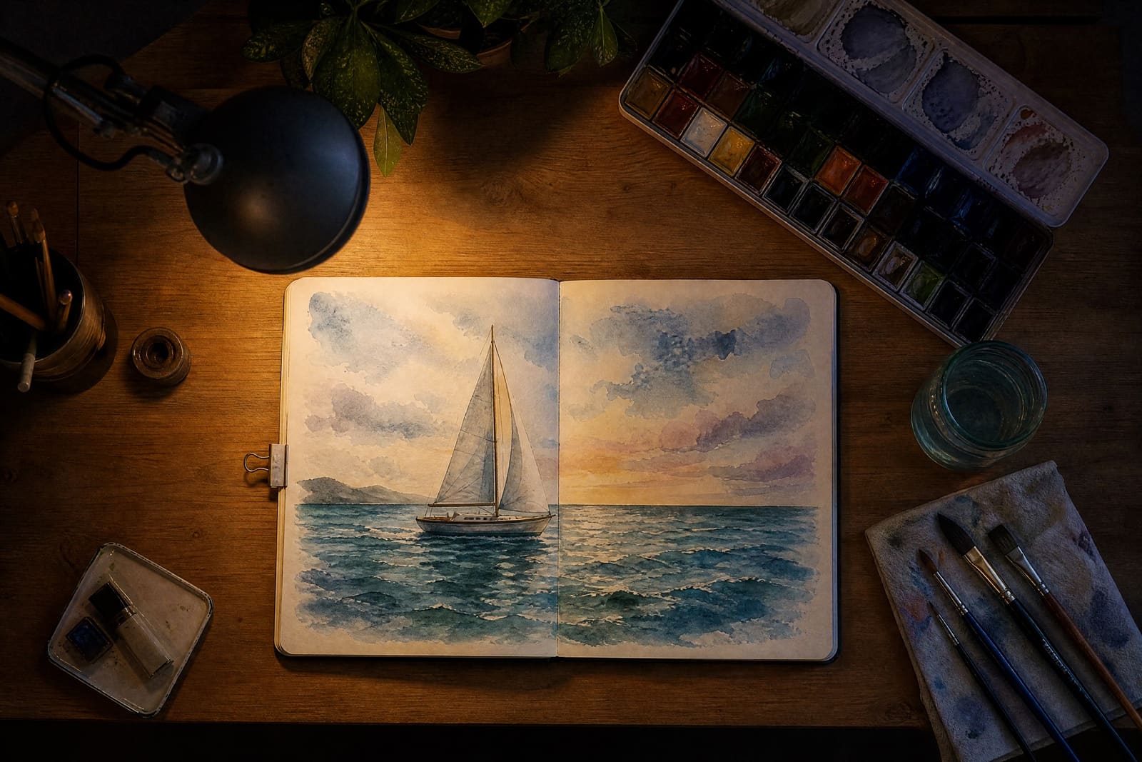 Un cuaderno abierto con una acuarela de un barco de vela junto a pinceles