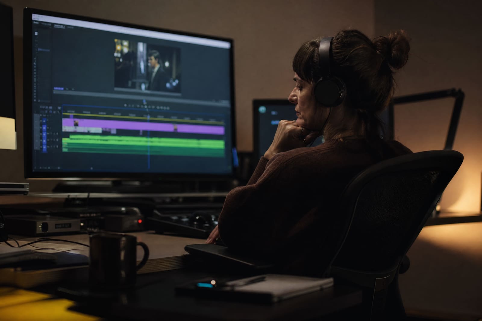 Una editora mira una línea de tiempo con una pista de vídeo y tres pistas de audio de colores