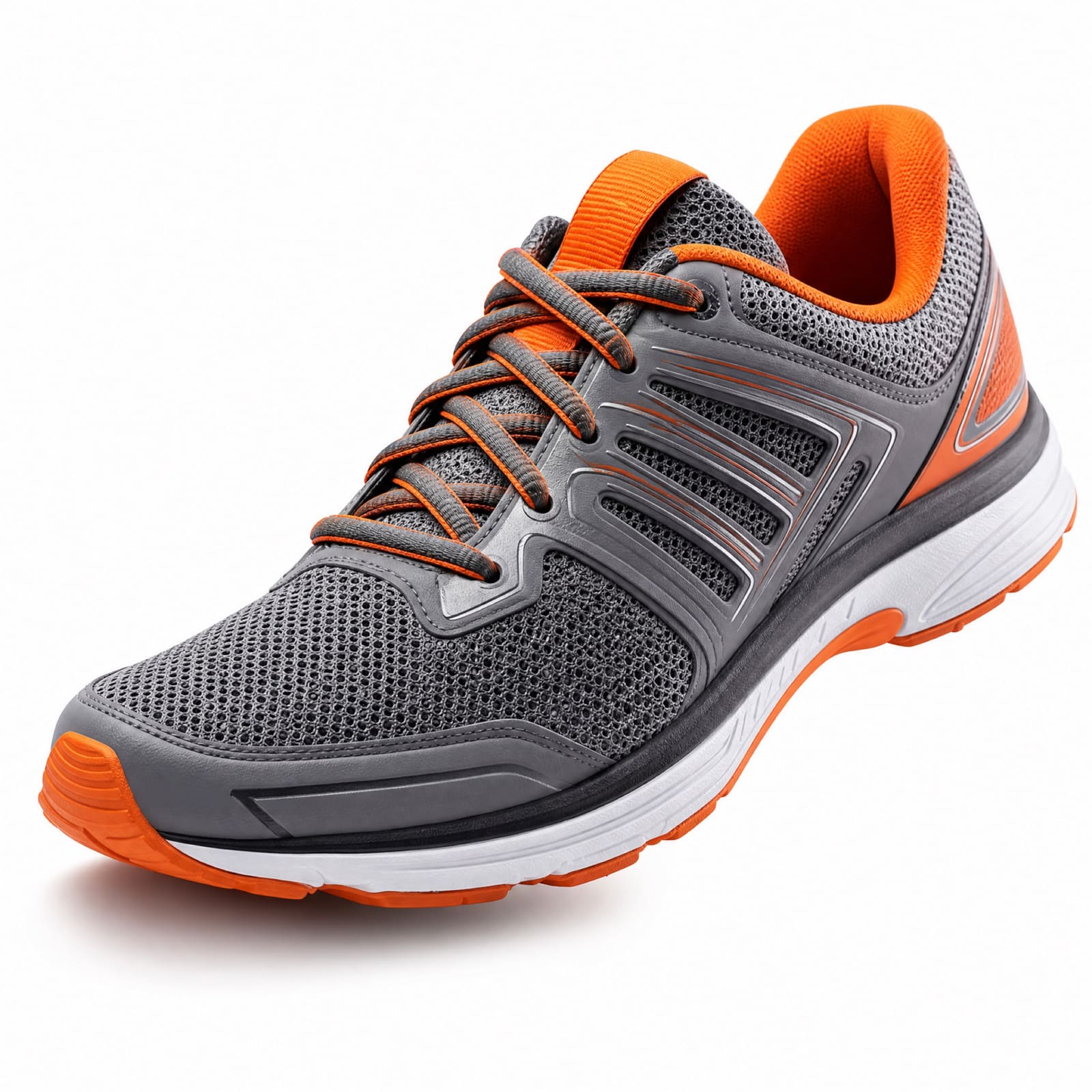 Zapatilla de running gris y naranja sobre fondo blanco puro, a 45 grados