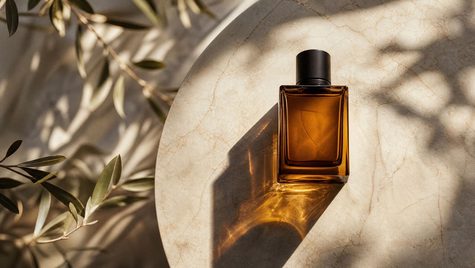 Un frasco de perfume de cristal ámbar sin etiqueta sobre una losa de mármol, con luz lateral de ventana, sombras largas y ramas de olivo desenfocadas al fondo