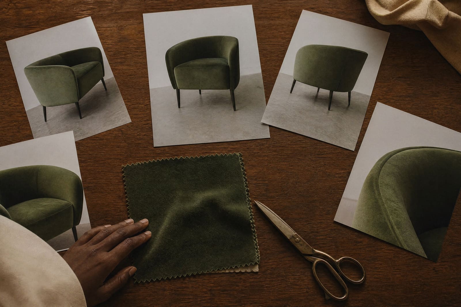 Fotos impresas de referencia de un mismo sillón de terciopelo verde desde varios ángulos