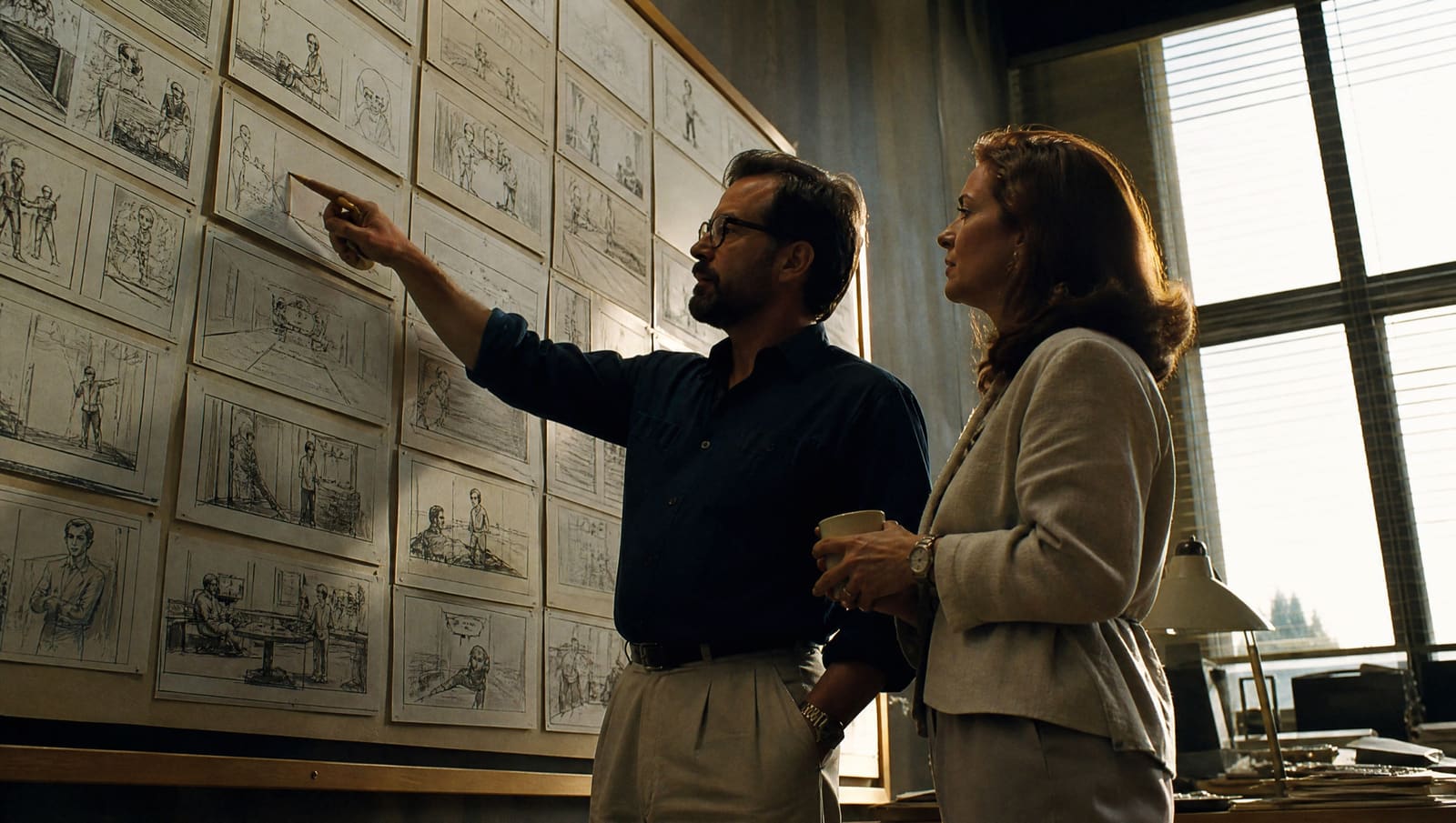 Dos personas ante una pared cubierta de viñetas de storyboard a lápiz
