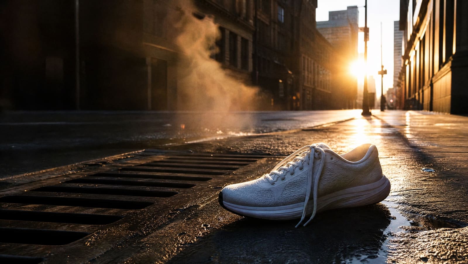 Una zapatilla de correr sobre el asfalto mojado de una calle vacía al amanecer