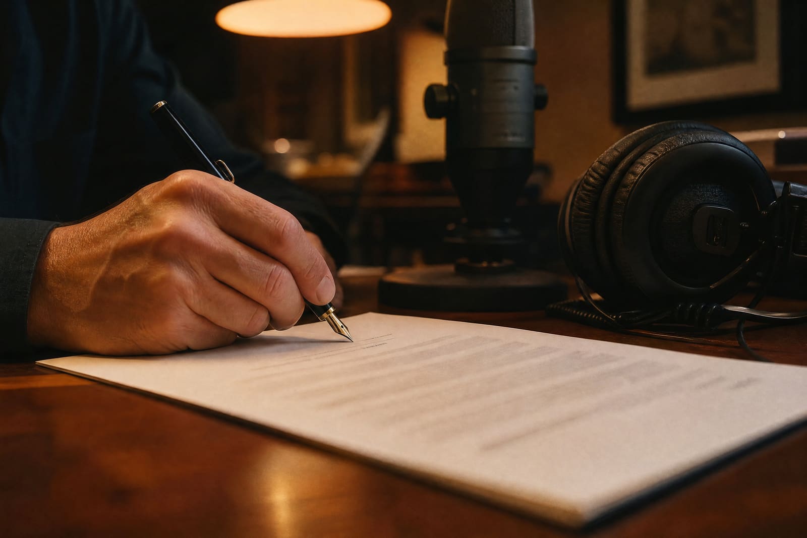 Mano que firma un contrato junto a unos auriculares de estudio y un micrófono