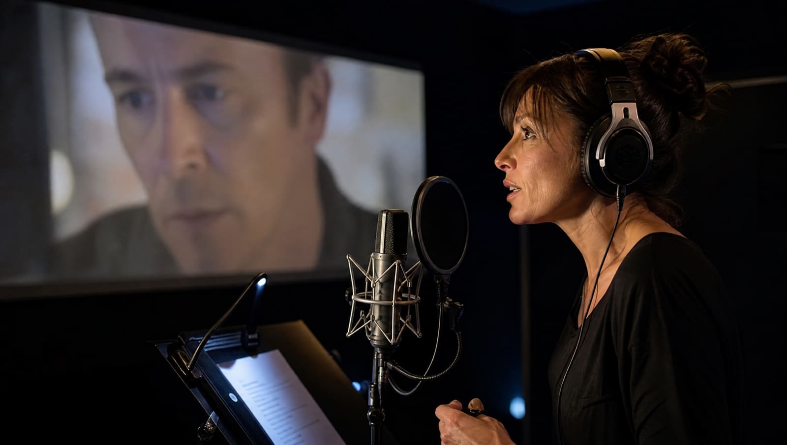 Una actriz de doblaje de unos cuarenta años habla ante un micrófono de estudio en una cabina a oscuras, iluminada por la pantalla donde se proyecta el primer plano de un actor