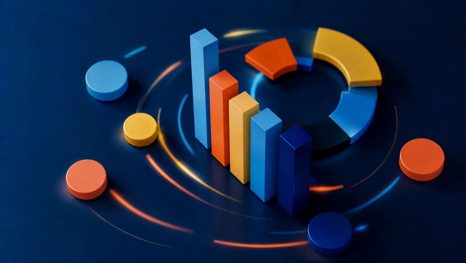 Fotograma de una pieza de motion graphics con barras y círculos de colores que se ensamblan sobre fondo azul