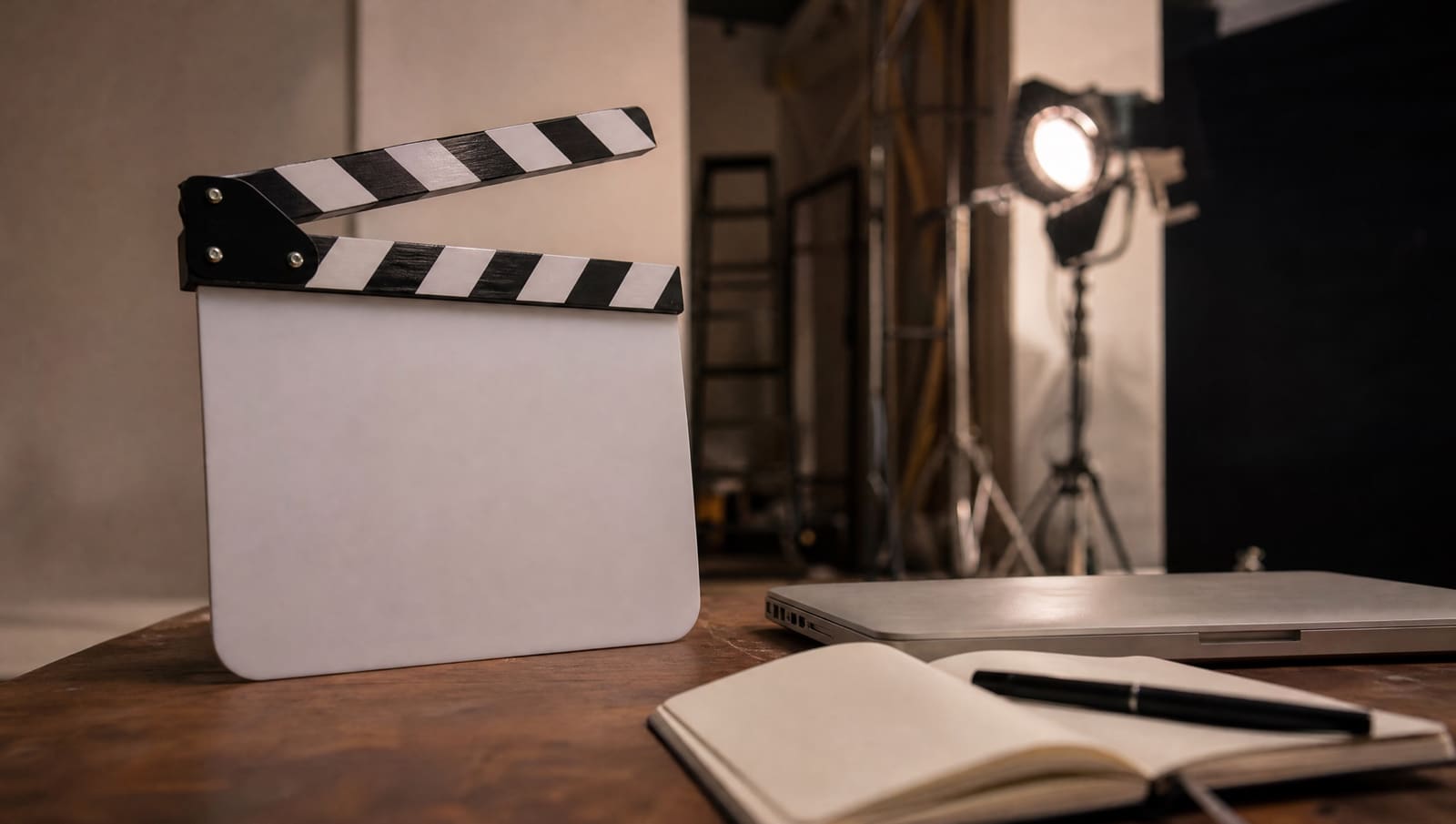 Una claqueta de cine de madera sin nada escrito sobre una mesa de rodaje, junto a un portátil cerrado y un cuaderno abierto con un bolígrafo, con el plató desenfocado al fondo y la luz cálida de un foco