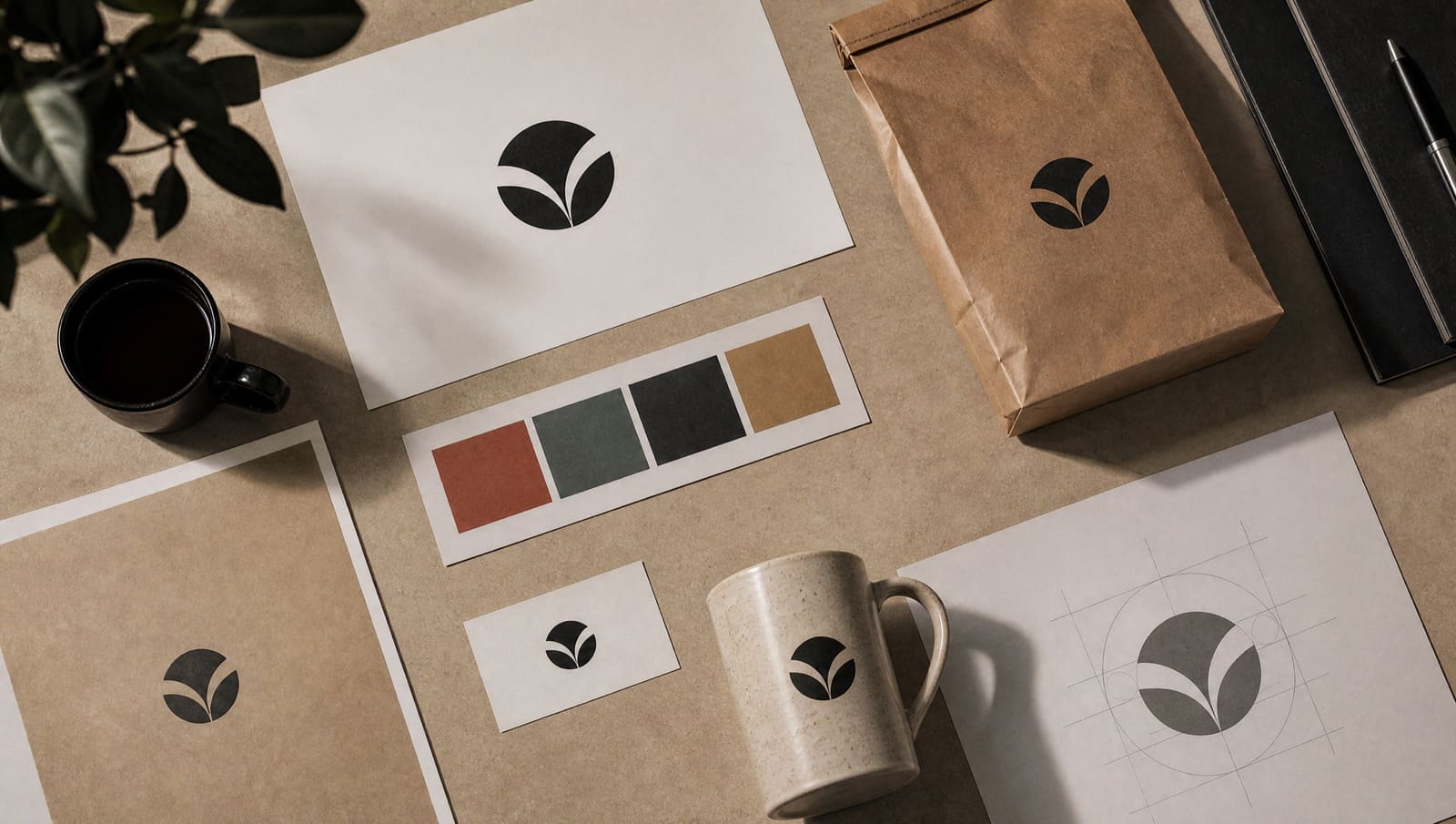 Las piezas de una identidad de marca de café sobre una mesa: símbolo, paleta de colores, envase, taza y tarjeta