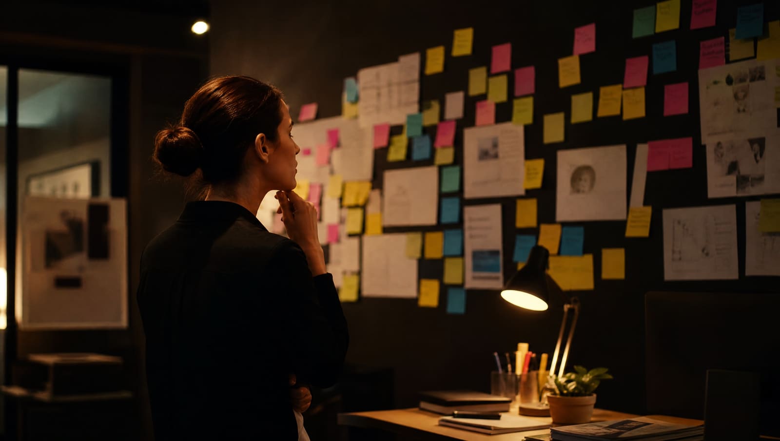 Una redactora publicitaria de unos treinta años mira una pared llena de pósits de colores en una agencia, de noche, con una lámpara de mesa encendida y las notas desenfocadas