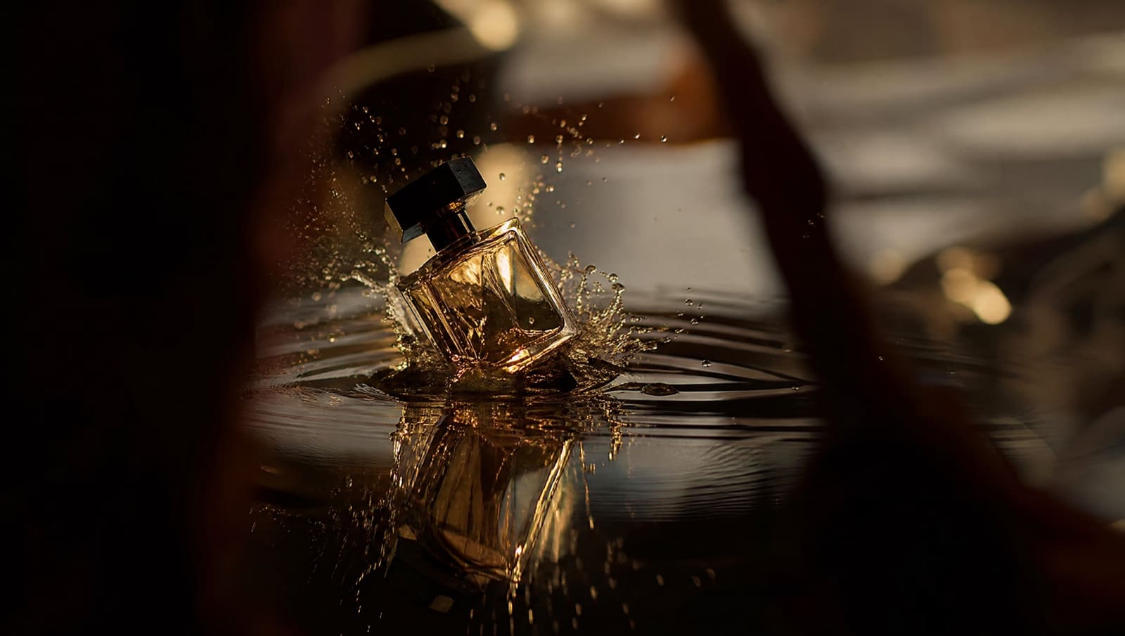 Un frasco de perfume de cristal cae sobre agua negra con la salpicadura congelada