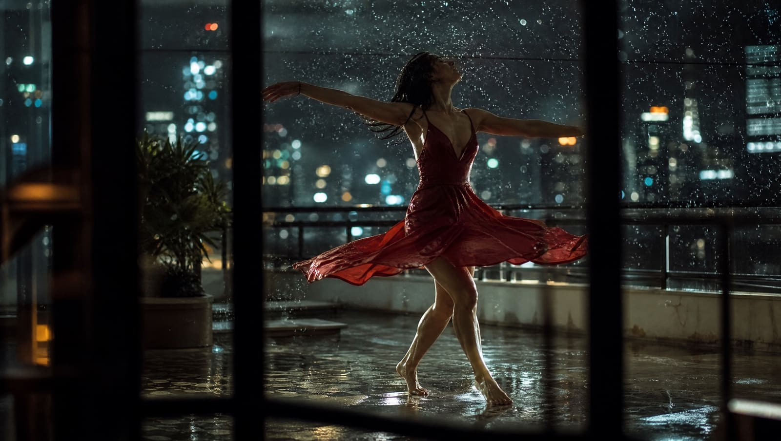 Una bailarina gira bajo la lluvia en una azotea de noche mientras la cámara la rodea despacio, con las luces de la ciudad desenfocadas al fondo