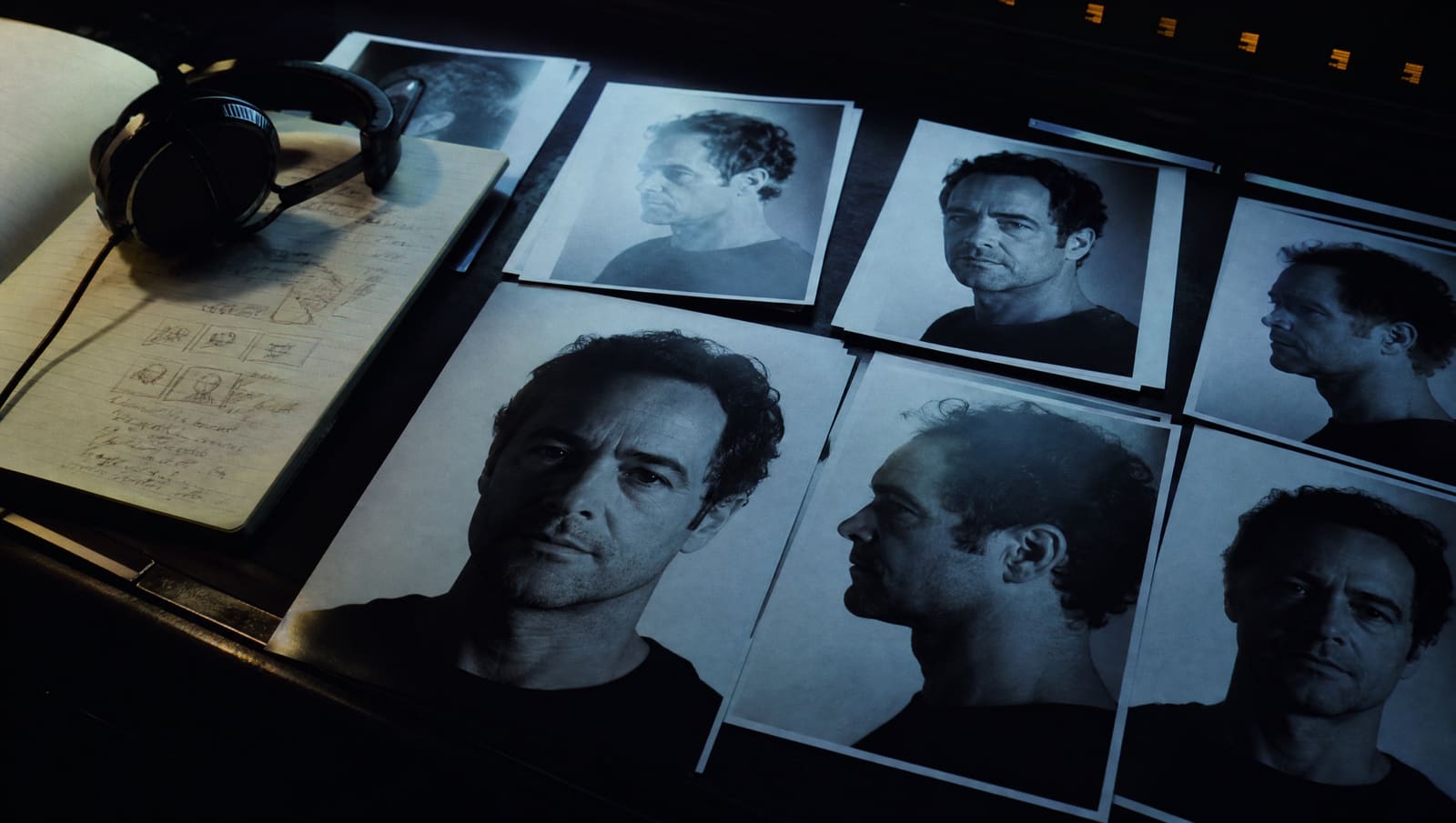 Fotos impresas de un mismo actor de frente y de perfil sobre una mesa de montaje