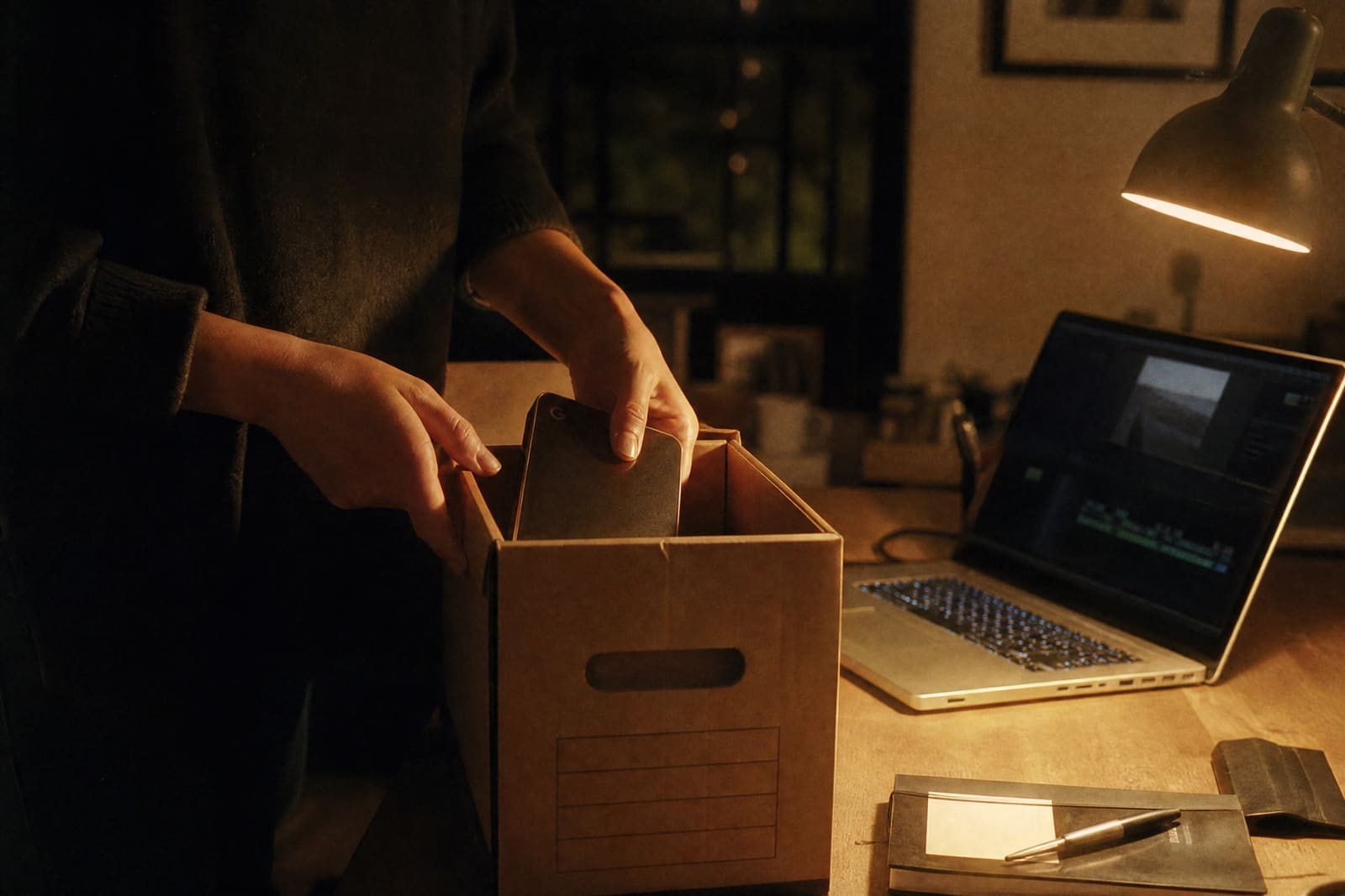 Las manos de una montadora guardan un disco duro externo en una caja de archivo