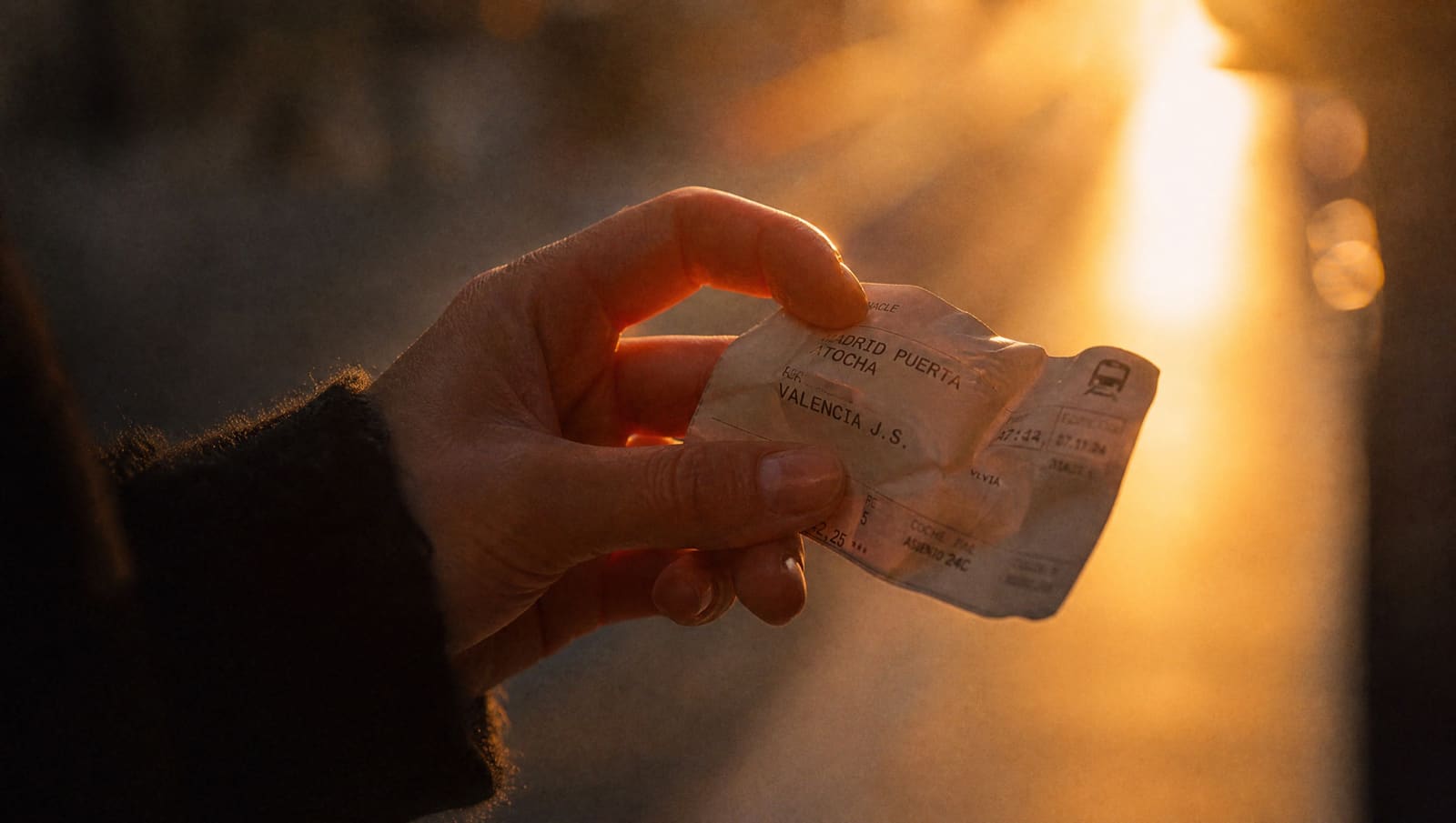 Plano detalle de una mano que aprieta un billete de tren arrugado