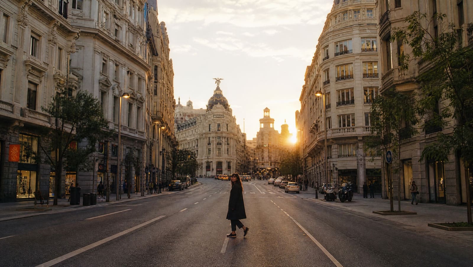Plano general de una mujer que camina sola por una calle ancha de Madrid al atardecer