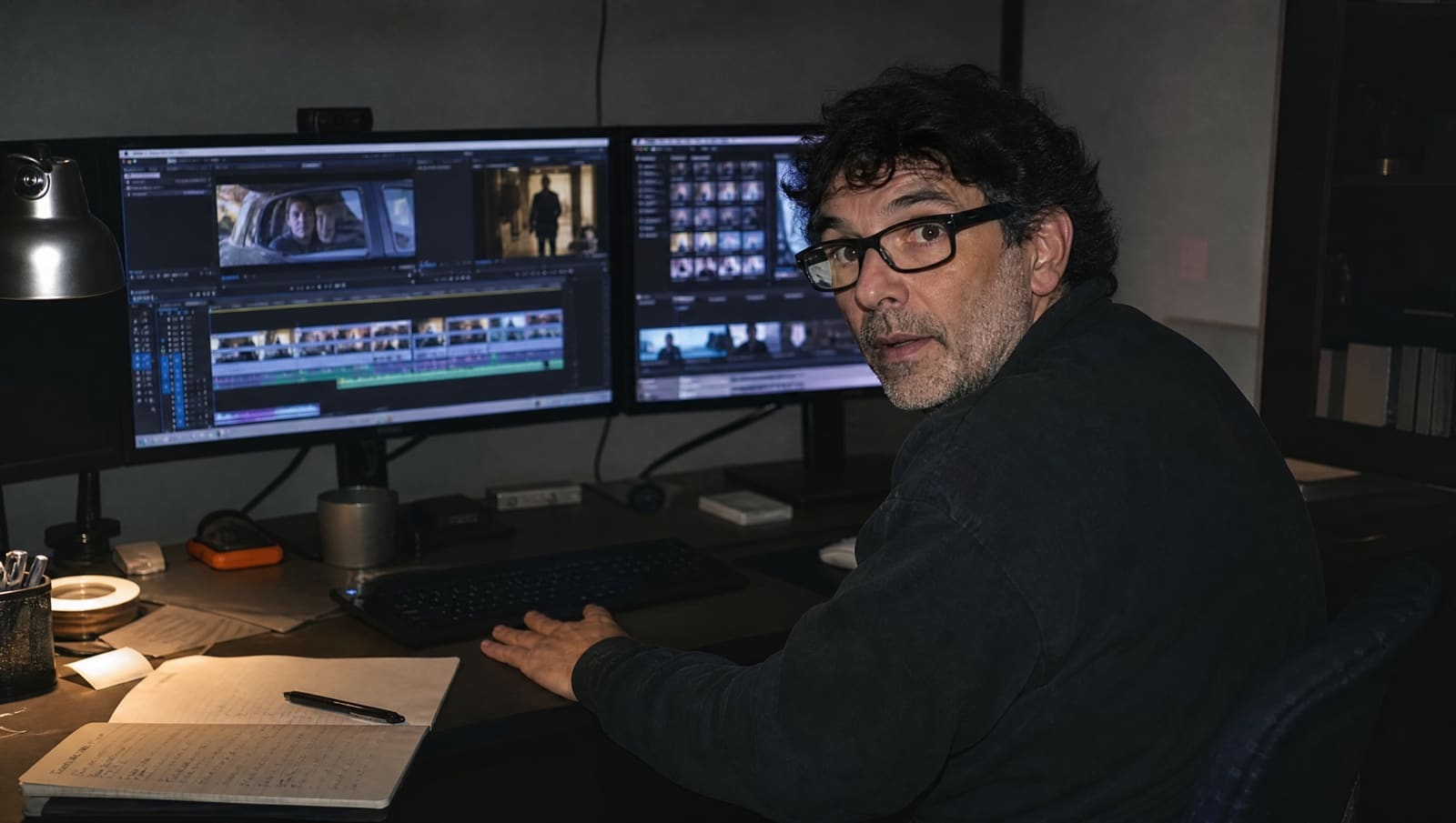 Un montador revisa de noche una línea de tiempo llena de clips cortos