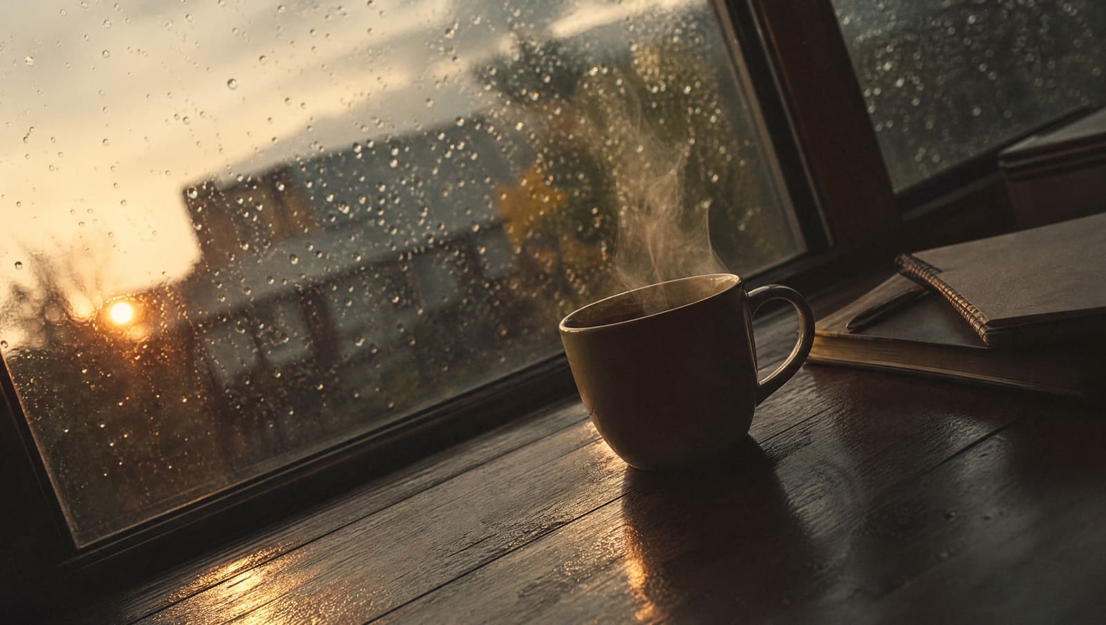 Plano detalle de una taza de café humeante junto a una ventana con lluvia