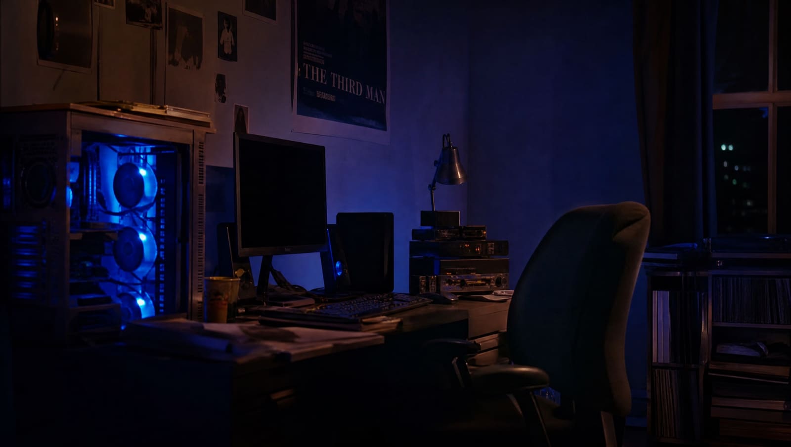 Una mujer adulta repasa en un monitor de estudio los planos de un cortometraje mientras, al fondo y desenfocada, una torre de ordenador ilumina la sala con luz azul