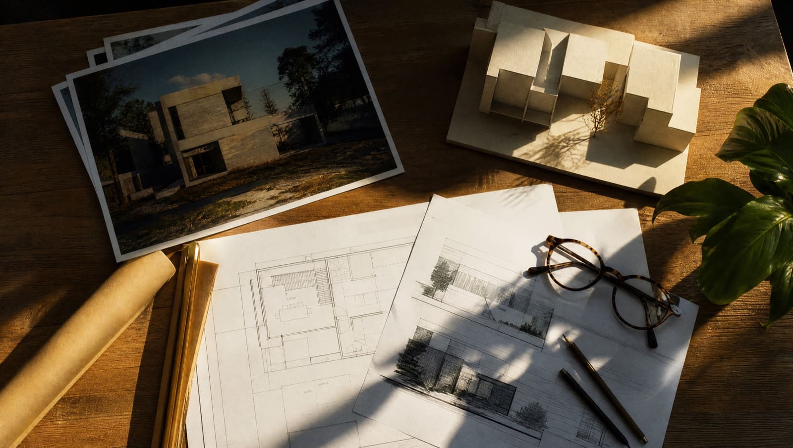Mesa de trabajo con planos de arquitectura impresos, fotos de un edificio y una maqueta de cartón
